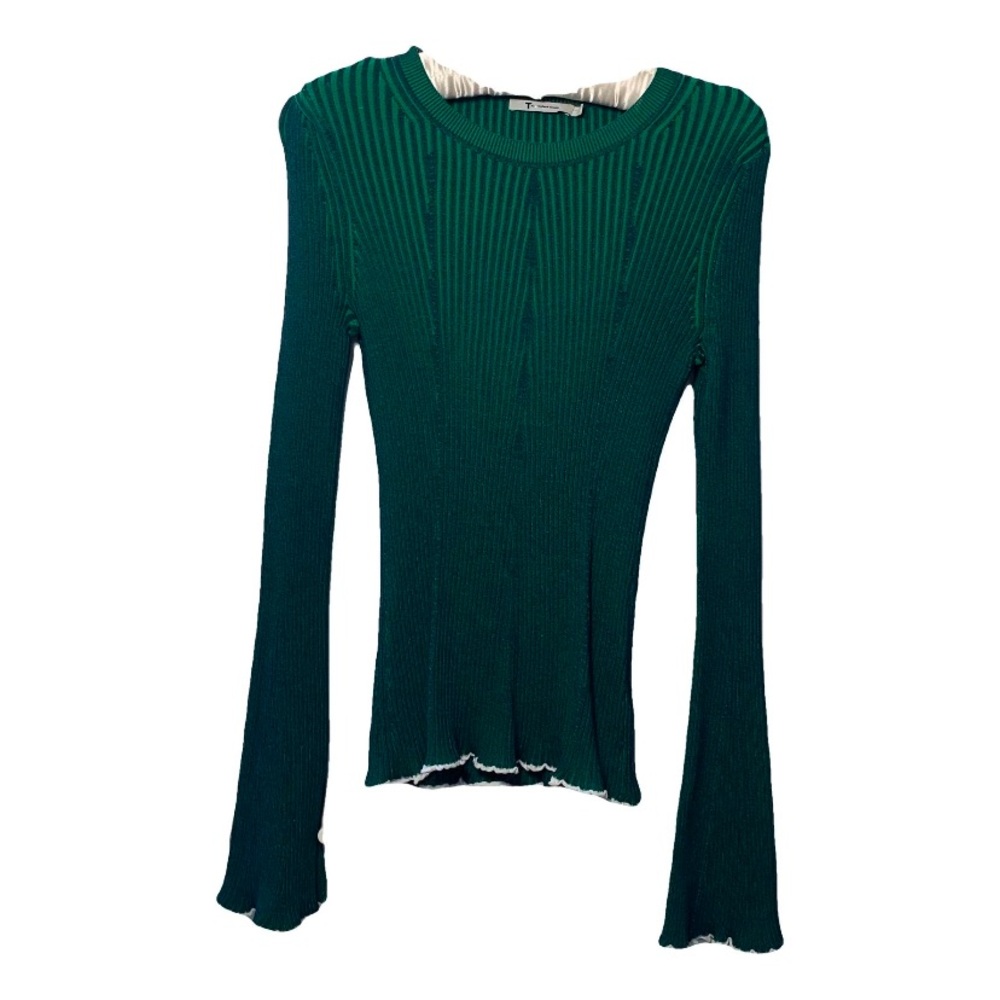 ALEXANDER WANG Flared Ribbed Knit Sweater in Navy with Emerald Combo